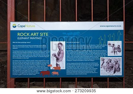 Cederberg, South Africa, August 23, 2018: An Information Board At The San Rock Art Cave At The Stads