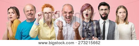 Collage Od Several Men And Women Portraits. Different Facial Reaction On Situation.