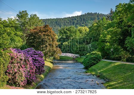 Panoramic View On Baden Baden City River,canal  And Mountains  Baden Wuerttemberg, Germany