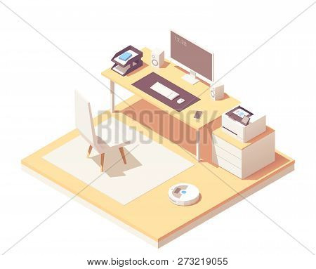 Vector Isometric Office Room Cross-section With Desk, Document Organizer, Desktop Pc, Chair, Printer
