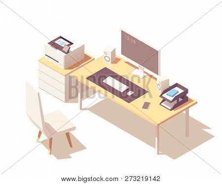 Vector Isometric Office Room Cross-section With Desk, Document Organizer, Desktop Pc, Chair, Printer