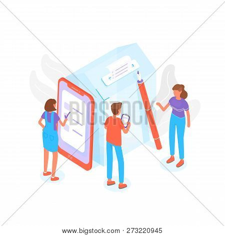 Modern Composition With People Standing Beside Giant Ballot Box At Polling Station And Voting Or Tak