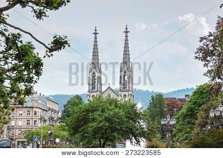 View Oncity Church In The Center Of Baden-baden,and Fountain. Baden-wurttemberg In Germany.