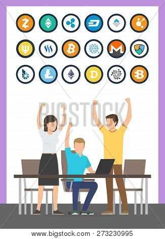 Bitcoin Successful Start Up Of Currency, Cryptocurrencies And Happy People Vector. Finance Managers 