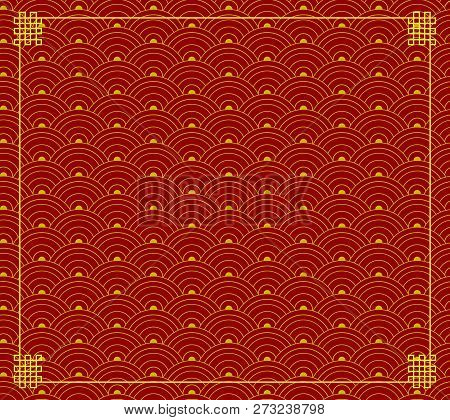 Vector Red Orintal Ornament, Wave Shapes, Circles Background, Red And Gold Colors, Backdrop With Orn