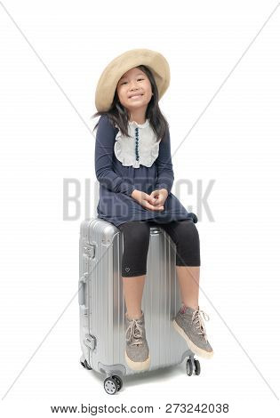 Heppy Traveler Kid Sit On Baggage Isolated On White Background, Travel Concept