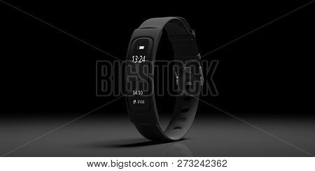Fitness Tracker, Smart Watch, Black, On Black Background. 3D Illustration