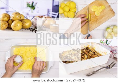 Collage Recipe Step By Step Baked Potatoes With Onion On White Wood
