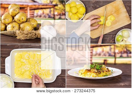 Collage Recipe Step By Step Baked Potatoes With Onion On Brown Wood