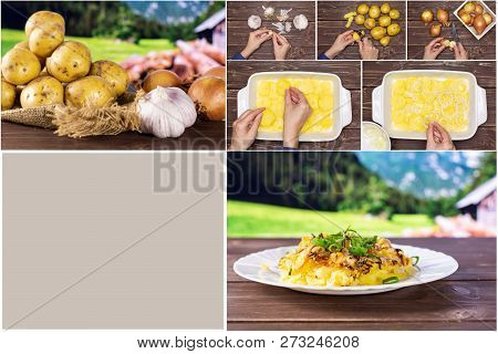 Recipe Step By Step Baked Potatoes With Onion Collage On Brown Wood