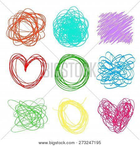 Tangled shapes on white. Hand drawn lines on isolated background. Chaotic hatching. Wavy backdrops. Colorful illustration. Elements for posters and flyers