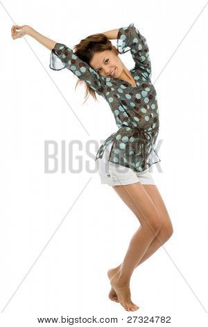 ragazza danza di gioia sopra bianco