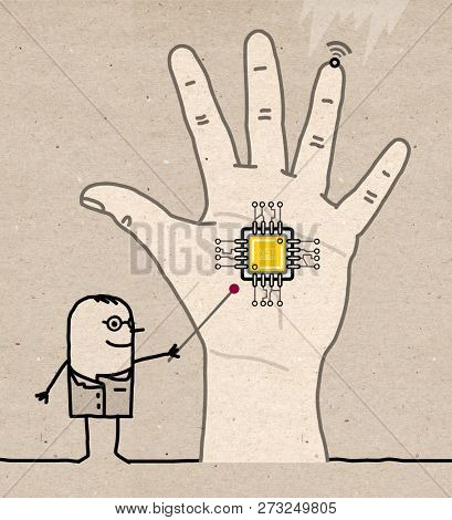 Cartoon Doctor Showing A Microchip Implant in Hand- illustration on textured brown paper