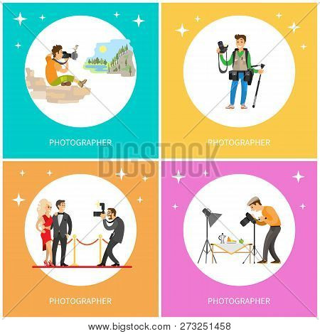 Journalist Making Shots Of Celebrity Stars, Cameraman Photographing Food, Paparazzi And Camera Vecto