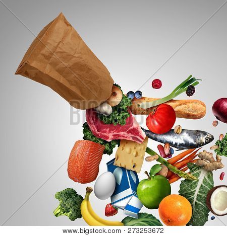 Grocery Bag With Supermarket Groceries With Milk Eggs Cheese Meat Bread Fish Vegetables And Fruit As