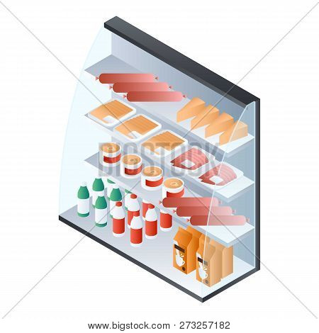 Food Showcase Fridge Icon. Isometric Of Food Showcase Fridge Vector Icon For Web Design Isolated On 