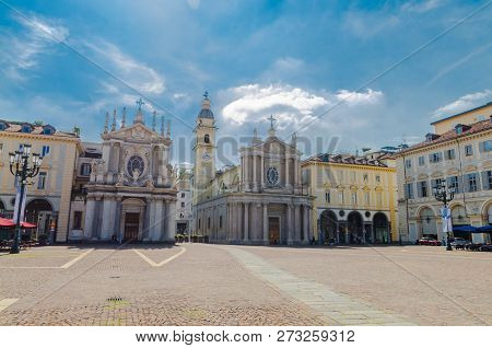 Piazza San Carlo Square And Twin Catholic Churches Chiesa Santa Cristina And San Carlo Borromeo In O