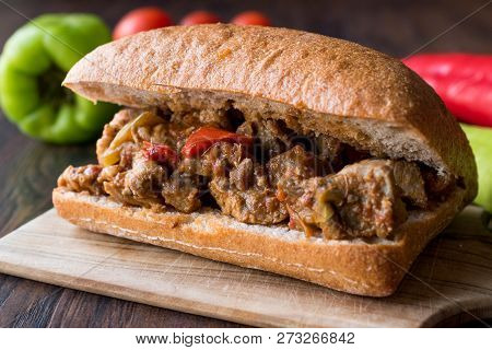 Saute Turkey Meat Sandwich With Ciabatta Bread.