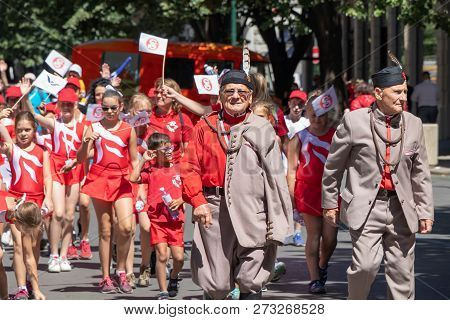 Prague, Czech Republic - July 1, 2018: People Parading At Sokolsky Slet, A Once-every-six-years Gath