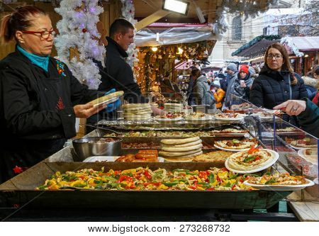 BUDAPEST, HUNGARY - 8 December, 2018. Christmas Food Market by the St. Stephen's Basilica in Budapest