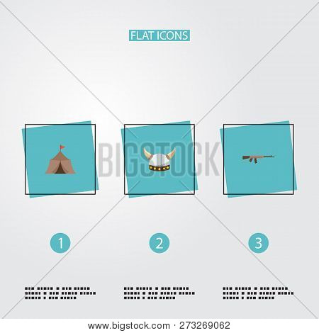 Set Of Gaming Icons Flat Style Symbols With Medieval Barracks, Barbarian, Kalashnikov And Other Icon
