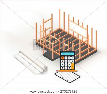 Timber Frame House Base Construction Design. Architecture Project Building, Planning And Calculation