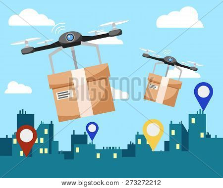 Two Quadrocopters Deliver Boxes With Parcels To The Address.