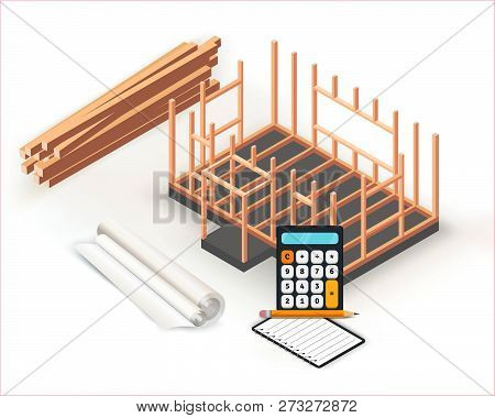 Timber Frame House Base Construction Design. Architecture Project Building, Planning And Calculation