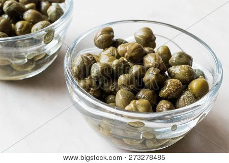 Edible Capers In Glass Bowl Ready To Eat.