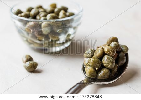Edible Capers In Spoon Ready To Eat.