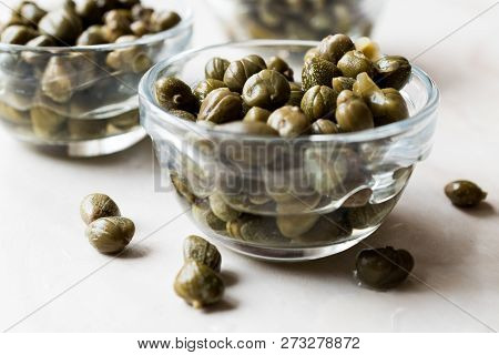 Edible Capers In Glass Bowl Ready To Eat.