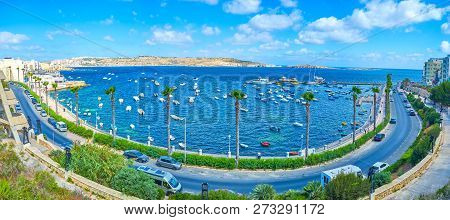 Bugibba, Malta - June 14, 2018: The Picturesque Seaside Promenade Of Bugibba Resort Town With A View