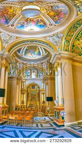 Naxxar, Malta - June 14, 2018: The Interior Of Parish Church Of Our Lady Of Victories With Beautiful