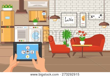 Interior Apartment Space. Architectural Agency Business. Hands Holding Tablet. Home Project. Work In