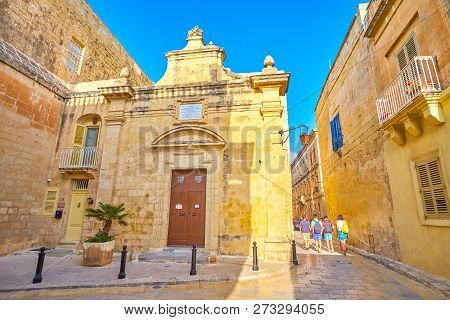 Mdina, Malta - June 14, 2018: The Small St Agatha Chapel Embedded With Neighbor Buildings, Located I
