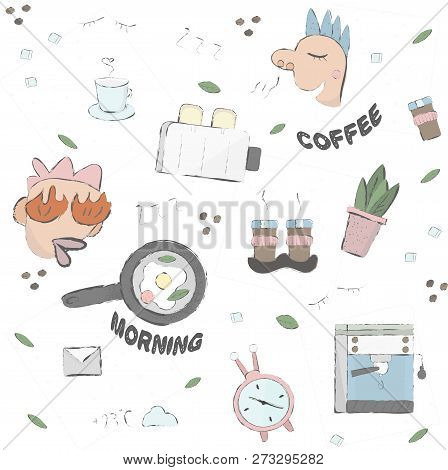 Drawing Illustration In Doodle Style. Young Casual People Enjoy The Morning: Coffee And Eggs Breakfa