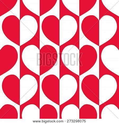Modern Red And White Reflected Hearts With 60s Vibe On Striped Geometric Background As Seamless Vect