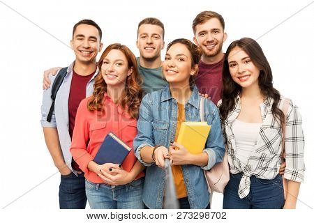 education, high school and people concept - group of smiling students with books taking selfie over white background