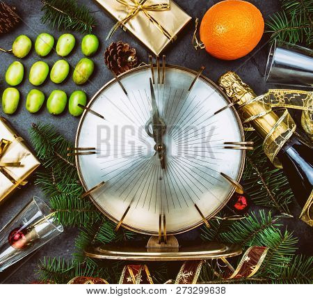 New Year Tradition. Latin American And Spanish New Year Traditional. Funny Ritual To Eat Twelve 12 G