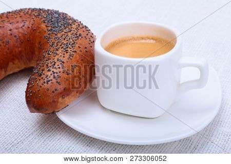 Classic Espresso In White Cup And Croissant On White Background. Top View.