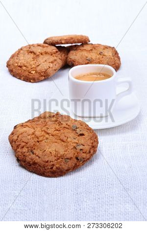 Perfect Morning Breakfast With Classic Espresso In White Cup, Cake And Chocolate On White Background