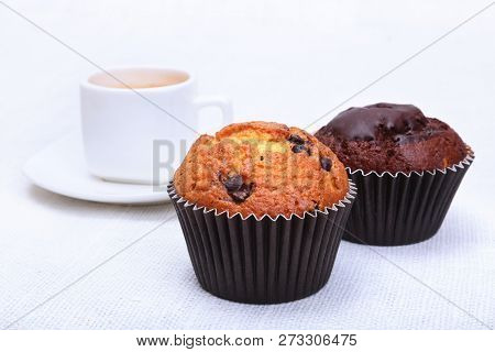 Perfect Morning Breakfast With Classic Espresso In White Cup, Cake And Chocolate On White Background