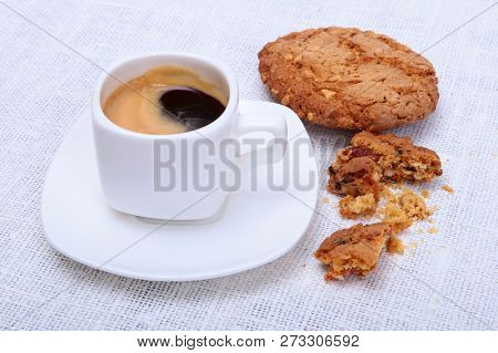Perfect Morning Breakfast With Classic Espresso In White Cup, Cake And Chocolate On White Background