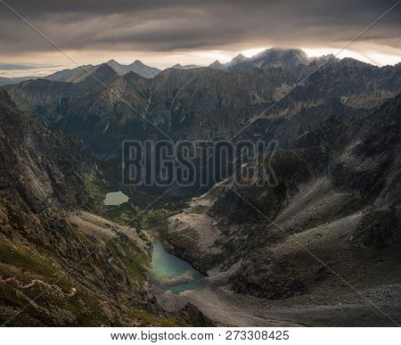 Mountains Landscape At Sunrise. Bielovodska Valley As Seen From Sedlo Vaha In High Tatras, Slovakia
