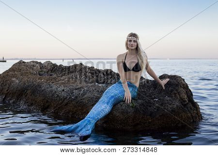 The Real Mermaid Is Reasting On The Sea Shore. Blue Tail. The Body Is Coverd With Scales. Creative