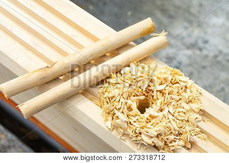 Construction Of The House From A Bar. Drilling Holes And Clogging Of Dowels.