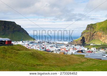 Heimaey Town Aerial View From Eldfell Volcano. Iceland Landscape. Westman Islands