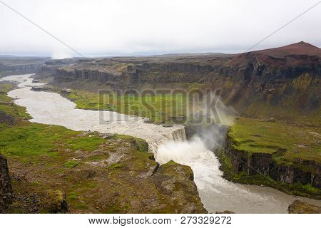 Hafragilsfoss Falls In Summer Season View, Iceland. Icelandic Landscape.
