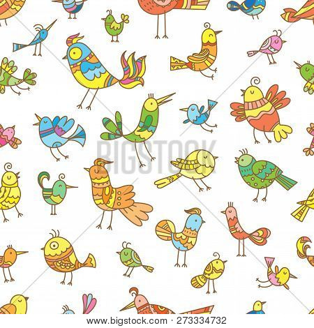 Seamless Pattern With Cute Cartoon Colored Birds On White  Background. Vector Contour Image.