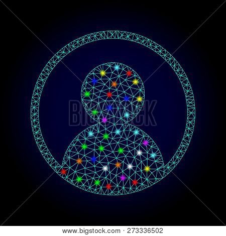 Glossy Polygonal Mesh User Portrait Icon With Glow Effect On A Dark Background. Carcass User Portrai